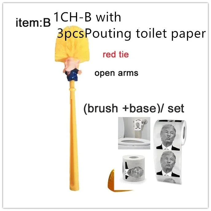 Comical Donald Trump-themed toilet brush made of durable plastic with a bold yellow color and convenient hanging slot