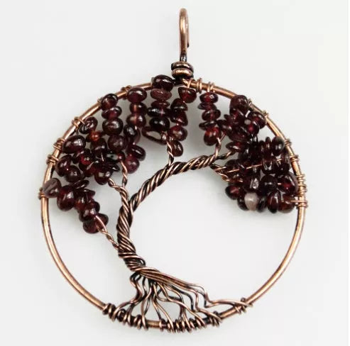 Kabala Life Tree necklace with copper wire and natural stone pendant, symbolizing growth and connection