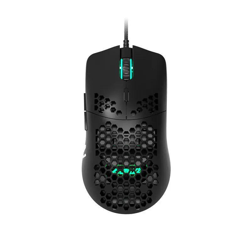 Lightweight white wired gaming mouse with hollow shell and 7 buttons, model AJ390