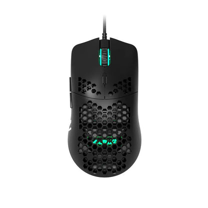 Lightweight white wired gaming mouse with hollow shell and 7 buttons, model AJ390