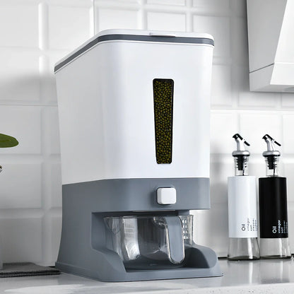 Automatic rice storage container with push-button dispenser and transparent viewing window