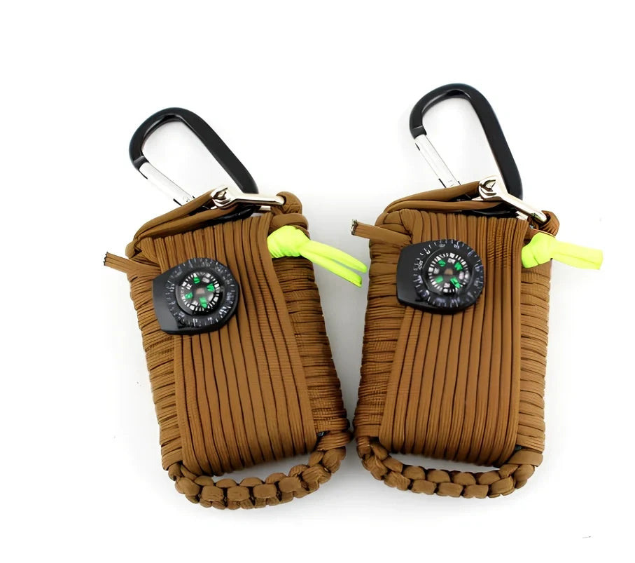 Hand-woven camping survival kit with 10.5m rope containing 25 tools including compass and medical supplies