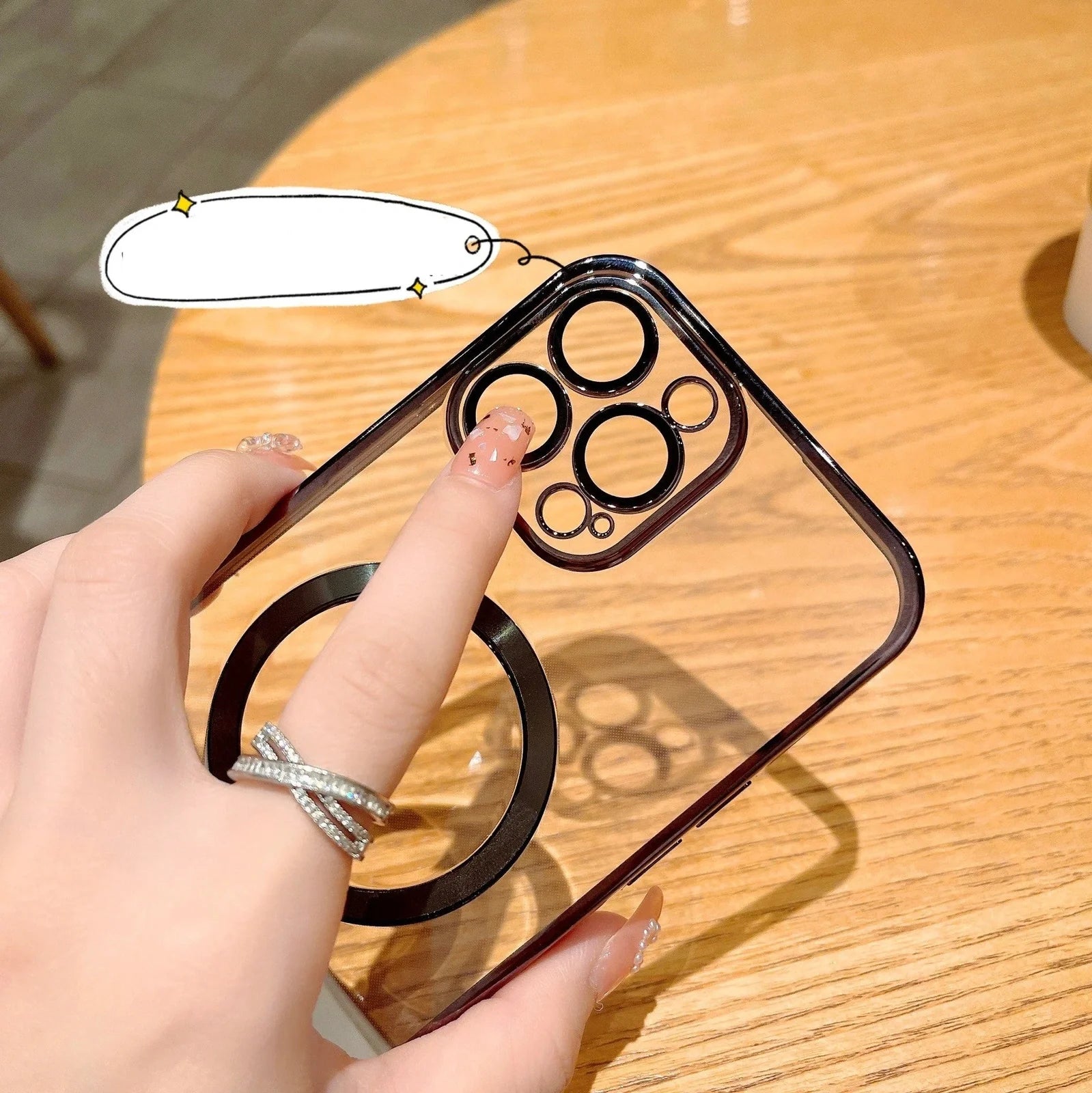 TPU transparent electroplating CD pattern magnetic phone case showing holographic effect on iPhone