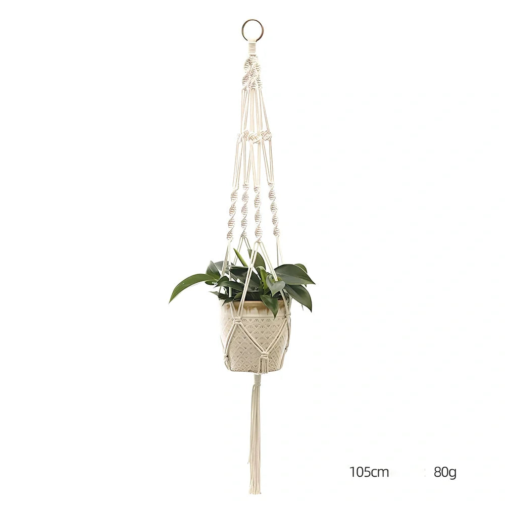 Hand-knitted cotton flowerpot net bag showing mesh pattern and hanging installation