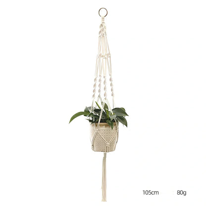 Hand-knitted cotton flowerpot net bag showing mesh pattern and hanging installation