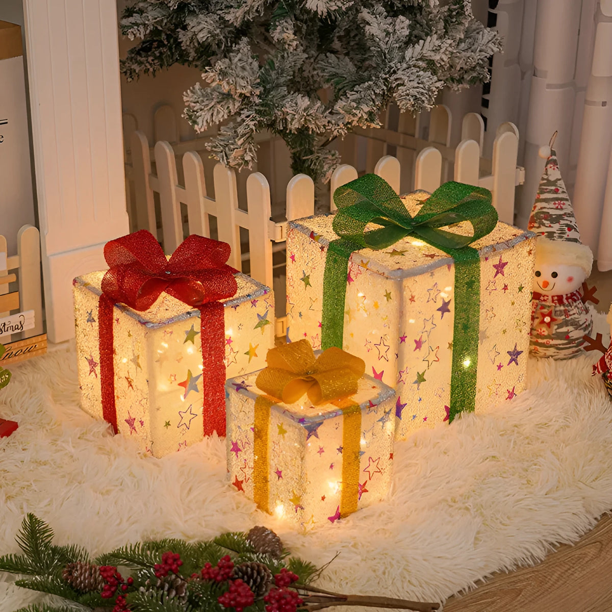 Set of three sparkling LED-lit Christmas gift boxes with red bows on a snowy porch.