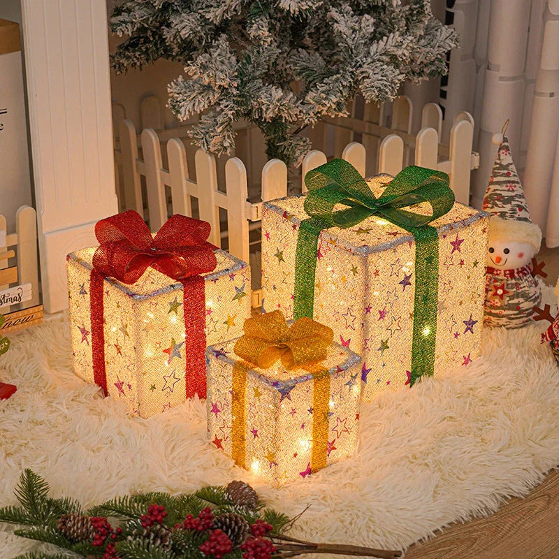 Lighted gift boxes with colorful LED lights and bows, perfect for Christmas tree, porch, and yard decorations