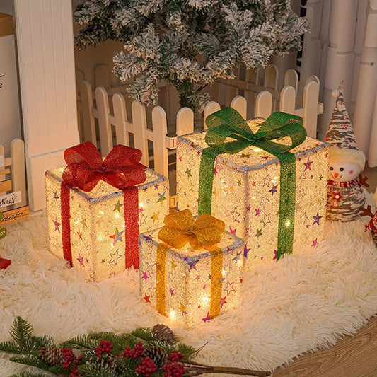Lighted gift boxes with colorful LED lights and bows, perfect for Christmas tree, porch, and yard decorations