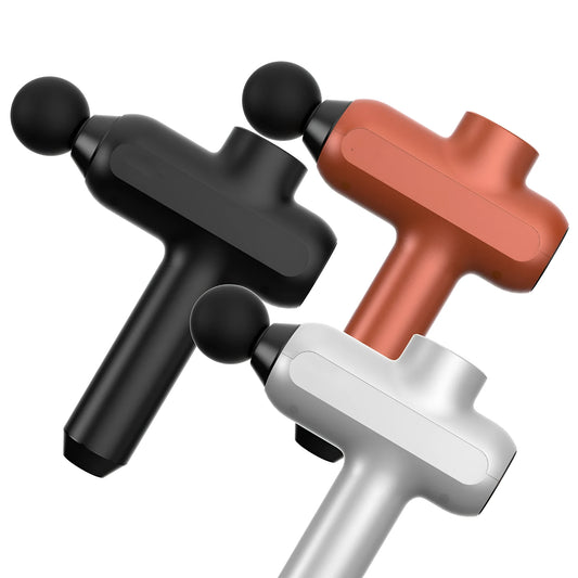 Black cordless electric muscle massager with six different coloured attachment heads on a white background.