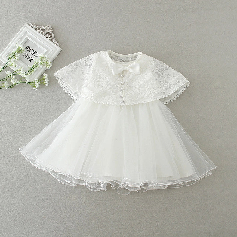 White fluffy baby dress two-piece set in beige with silk-polyester fabric and cotton lining for infants 0-24 months