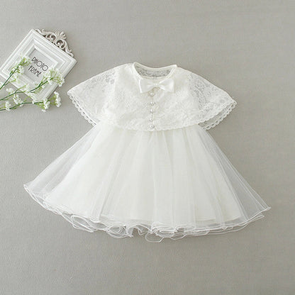White fluffy baby dress two-piece set in beige with silk-polyester fabric and cotton lining for infants 0-24 months