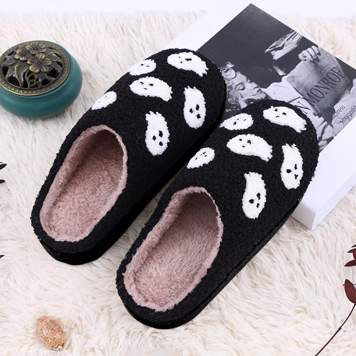 Halloween-themed indoor house shoes with spider ghost design, non-slip sole, and plush lining