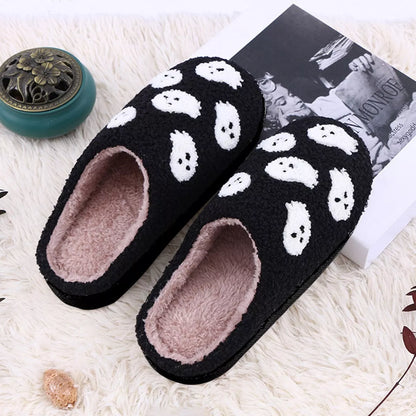 Halloween-themed indoor house shoes with spider ghost design, non-slip sole, and plush lining