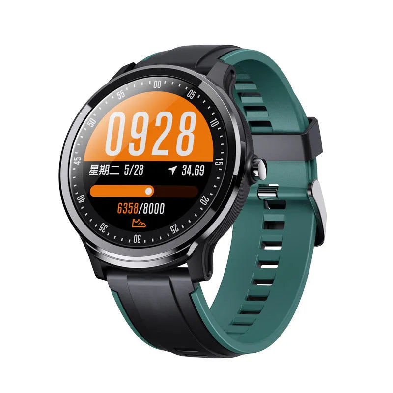 Square green waterproof smartwatch with heart rate monitor on a wrist.