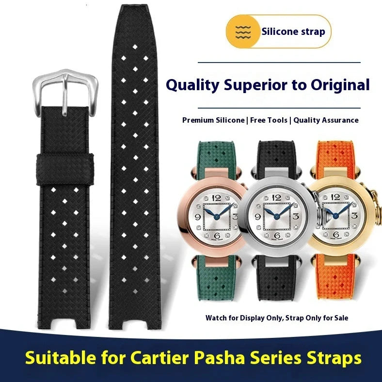 Black silicone watch strap with steel buckle showing female port connection for 20mm-22mm watches