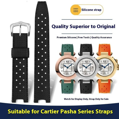 Black silicone watch strap with steel buckle showing female port connection for 20mm-22mm watches
