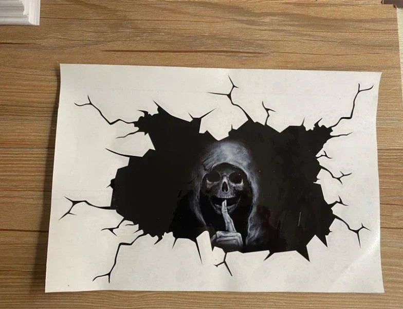 Spooky Halloween car decal with a skull design, perfect for adding a haunting touch to your vehicle or living space