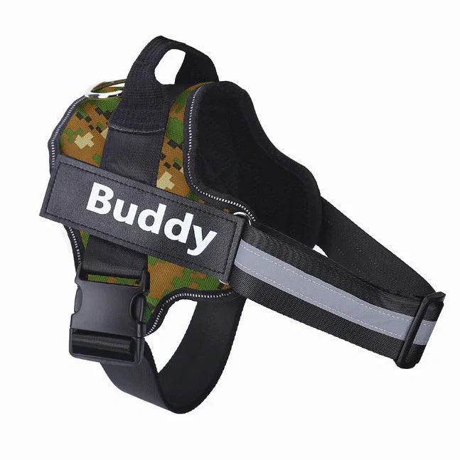 Personalised dog harness with reflective straps and adjustable chest fitting showing no-pull design