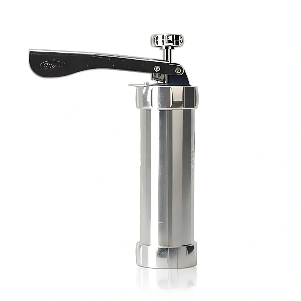 Stainless steel cookie press with 20 pattern discs for making uniform biscuits