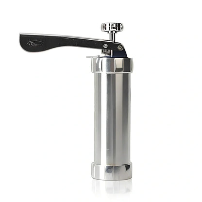 Stainless steel cookie press with 20 pattern discs for making uniform biscuits