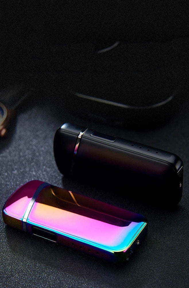 Zinc alloy charging lighter in black brushed finish, 80x35x13 mm with windproof arc and USB port