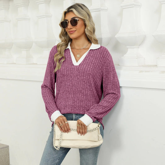 Women's loose-fit lapel long sleeve t-shirt in various colors