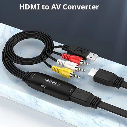 HDMI to AV converter adapter with RCA cable and 3.5mm terminal plug for 1080p video.