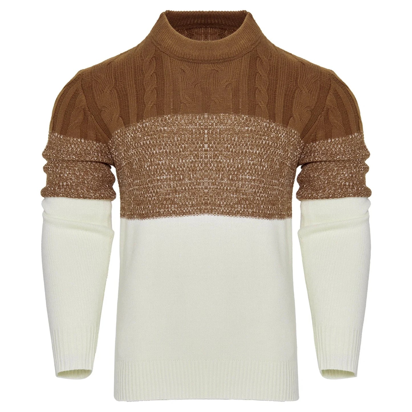 Men's color block cable knit acrylic sweater in black, blue, and brown