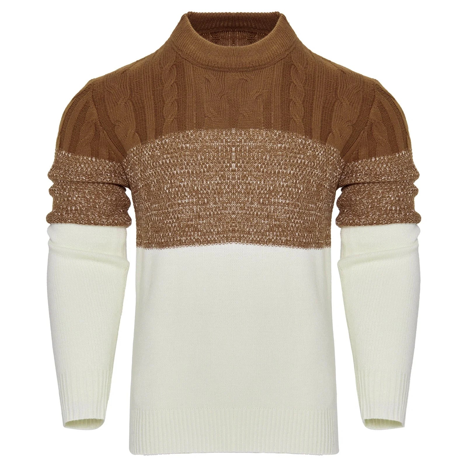 Men's color block cable knit acrylic sweater in black, blue, and brown