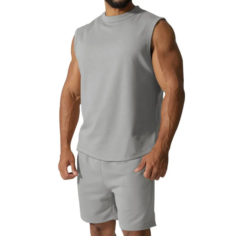 Men's sleeveless cotton blend sports suit set with shorts in multiple solid colour options