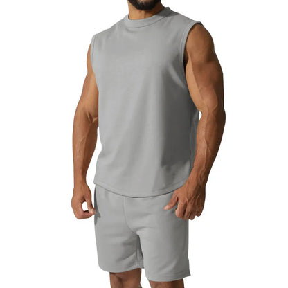 Men's sleeveless cotton blend sports suit set with shorts in multiple solid colour options