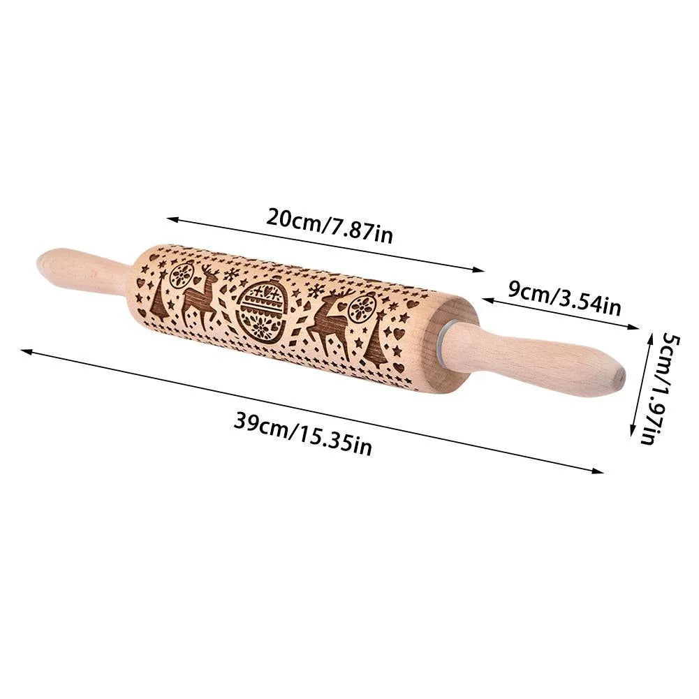 Beautifully engraved Christmas snowflake-patterned rolling pin for creating intricate designs on cookies, pastries, and soft candies
