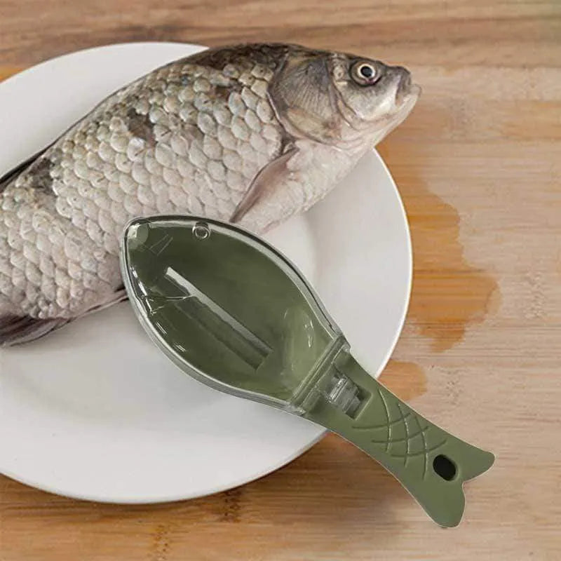 Fish scaler with fish-shaped handle and integrated scale cover for kitchen fish preparation