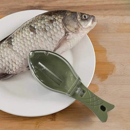 Fish scaler with fish-shaped handle and integrated scale cover for kitchen fish preparation