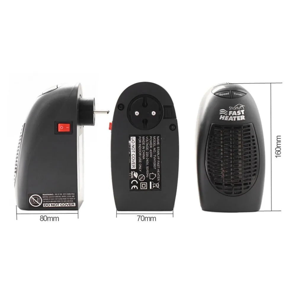Black compact electric heater with digital display and rotating plug, measuring 8x7x16cm