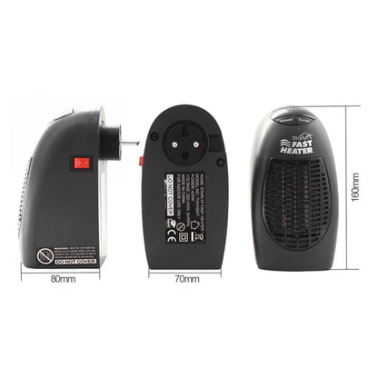 Black compact electric heater with digital display and rotating plug, measuring 8x7x16cm