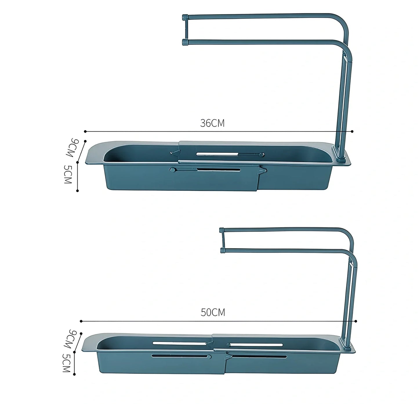 Blue telescopic sink rack holder with double-layer storage and drainage holes, mounted above kitchen sink