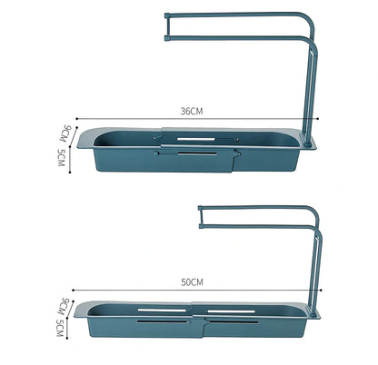 Blue telescopic sink rack holder with double-layer storage and drainage holes, mounted above kitchen sink