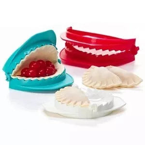 Plastic dumpling maker device in blue, green, and white for quick, uniform dumplings
