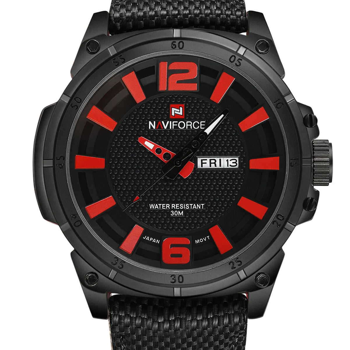 Sport climbing watch with pointer and number display, unisex, shown in black, blue, grey, orange and red options.