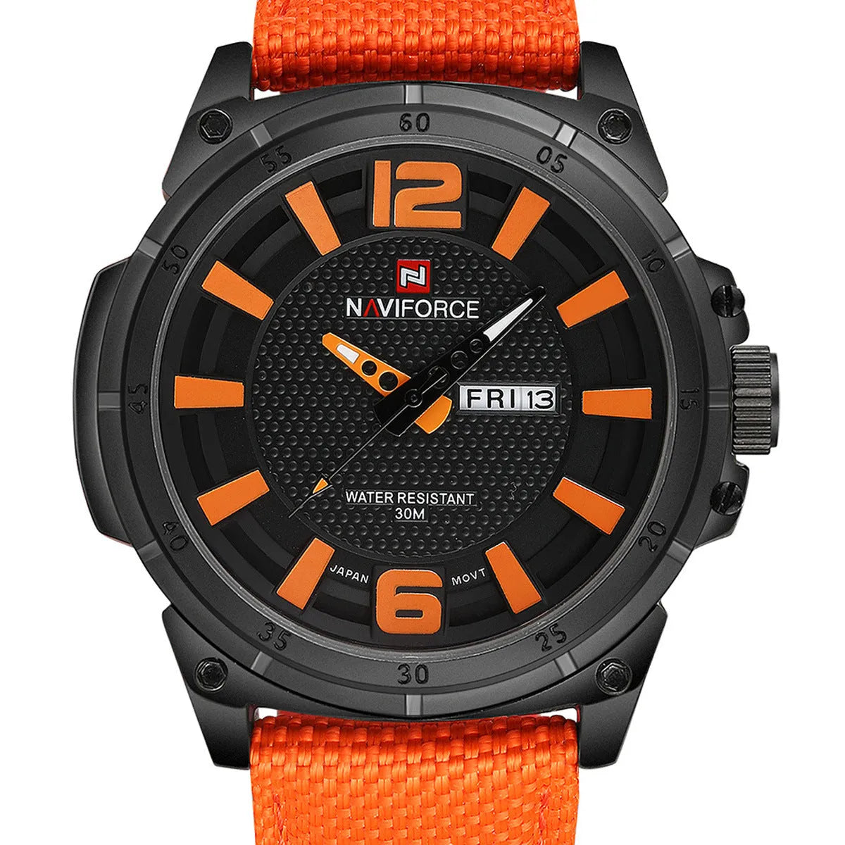 Sport climbing watch with pointer and number display, unisex, shown in black, blue, grey, orange and red options.