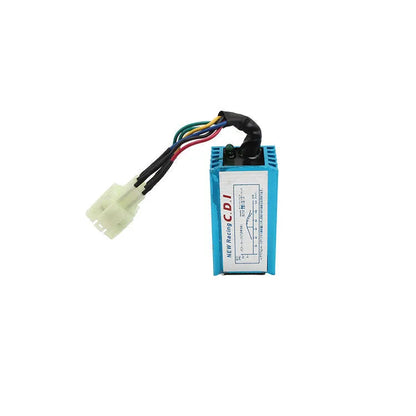 6-pin motorcycle CDI igniter with blue aluminium body and light for pedal 50 to 150CC engines
