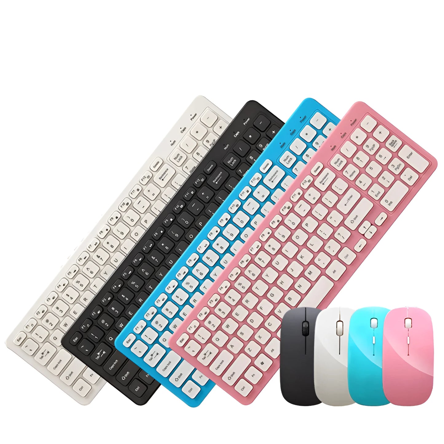 Black wireless keyboard and mouse set on a desk showing 96-key layout and compact mouse.