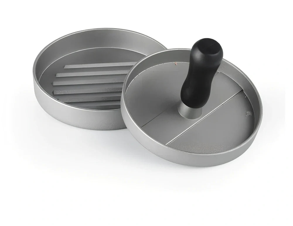Aluminium burger press with handled plate creating 1cm thick patties on stable base