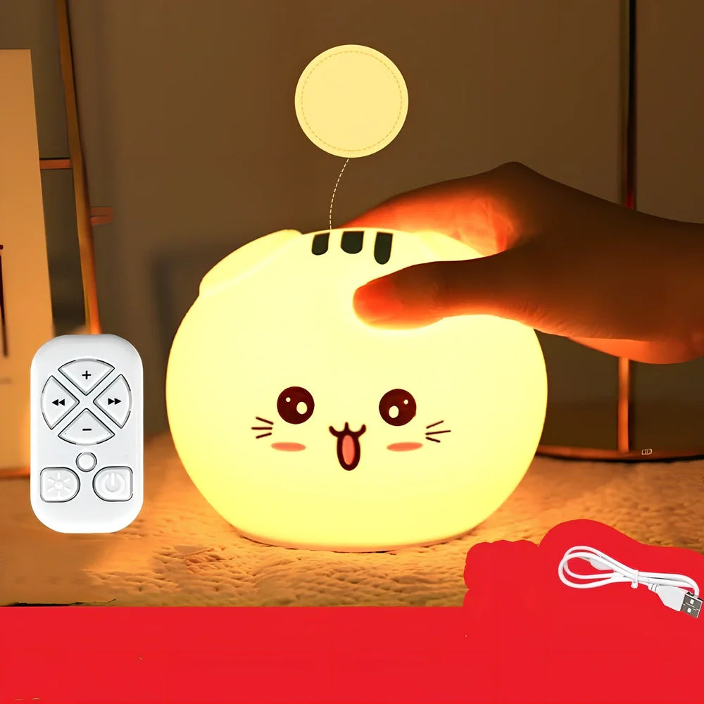 Silicone night light with fold-eared cat design showing LED illumination and USB charging port