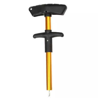 Portable T-shaped hook extractor for safe fishing in black, yellow, blue, and orange