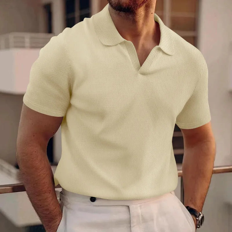 Men's lapel collar waffle knit T-shirt in slim fit, shown in a solid colour.