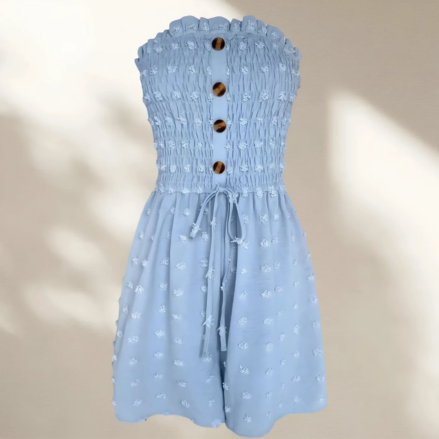 Women's off-shoulder sleeveless jumpsuit in polyester fabric with button detailing and mid-waist design