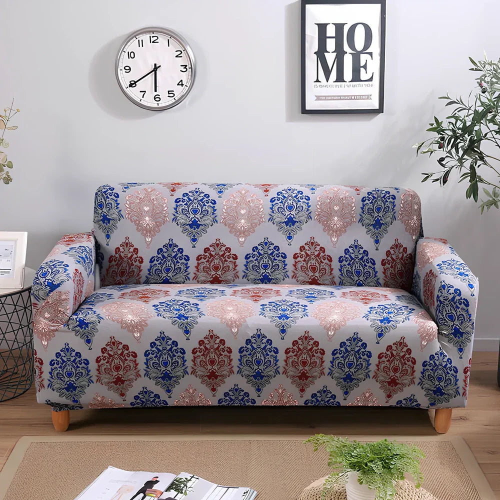 Elastic sofa cover on three-seat sofa showing stretch fabric fitting sofa length 190-230cm