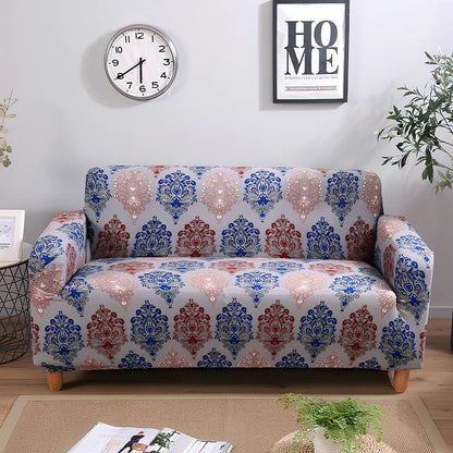 Elastic sofa cover on three-seat sofa showing stretch fabric fitting sofa length 190-230cm